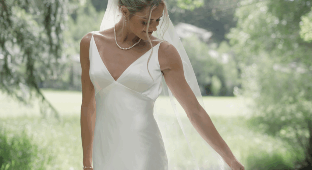 bride admires wedding dress before Vail wedding