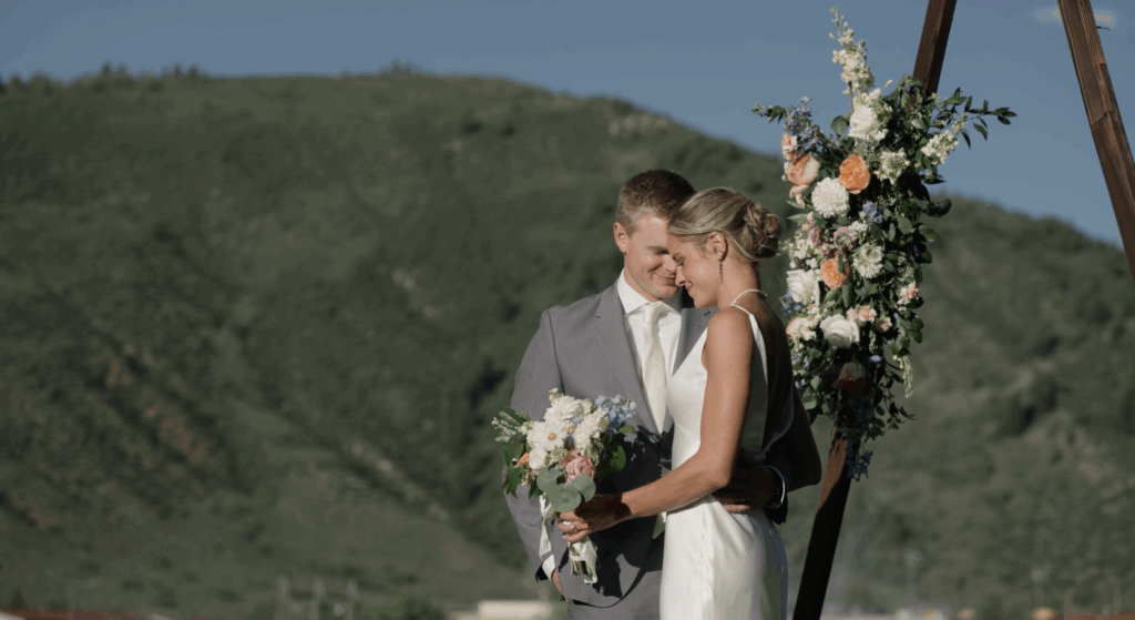 bride and groom at wedding in Vail
